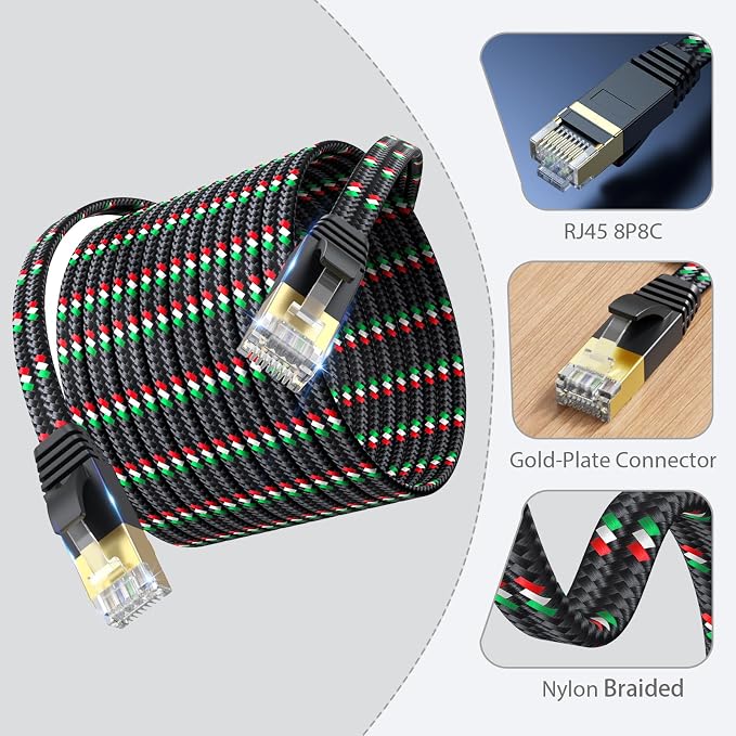 SNANSHI Ethernet Cable 25 ft, Flat Nylon Braided Heavy Duty Cat7 Internet - Image 5
