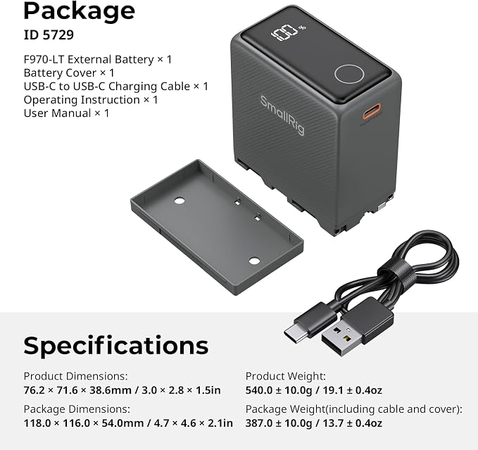 SMALLRIG NP-F970 Battery, 7500mAh USB-C Camera Battery, 2H 36W PD Fast Charge - Image 9