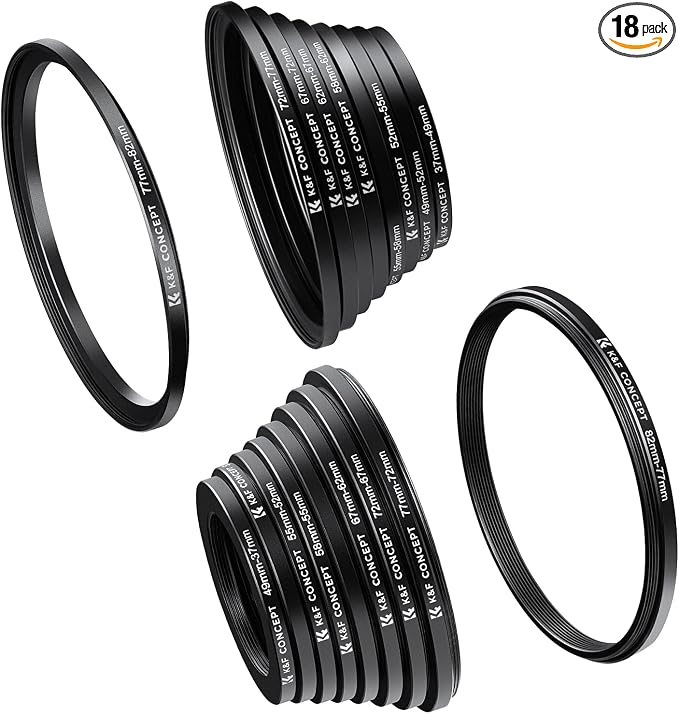 K&F CONCEPT 18 Pieces Filter Ring Adapter Set, Camera Lens Filter Metal by KFCONCEPT
