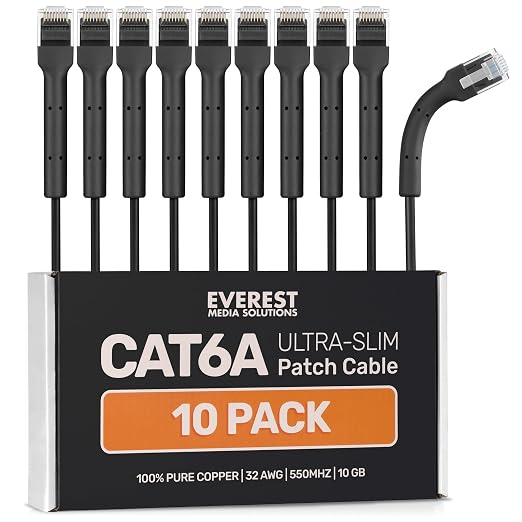 Everest Ultra Slim Cat6a Ethernet Patch Cables 3ft Black by EverestMediaSolutions