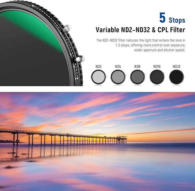 NEEWER 2 in 1 55mm Variable ND Filter ND2–ND32&CPL Filter No X Cross/30 Layer - Image 4