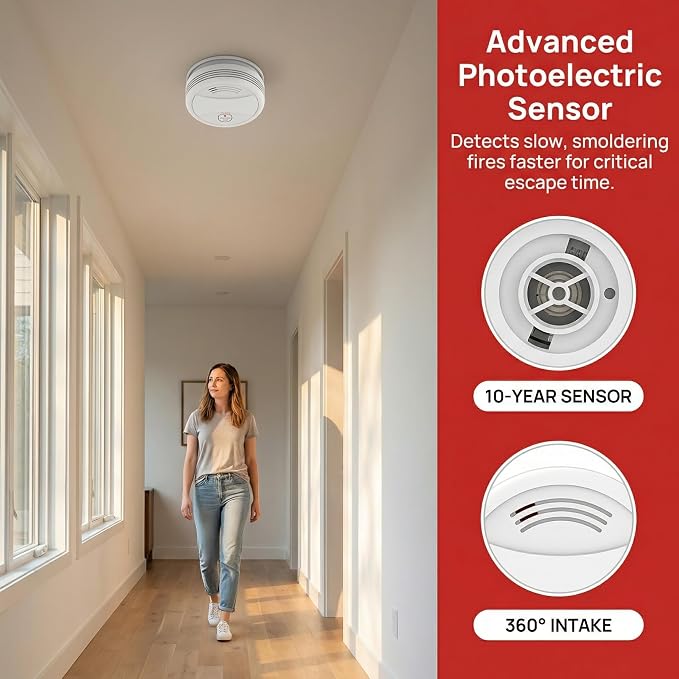 4 Pack Photoelectric Smoke Detector, 10-Year Battery Operated Fire Alarm - Image 4