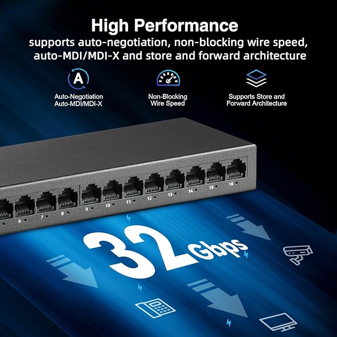 16 Port Gigabit Switch, 16 x 100/1000Mbps Ports, Metal Unmanaged Fanless Pluy - Image 3