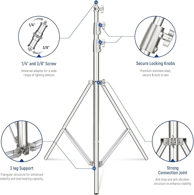 NEEWER 2Pcs 9.2ft Stainless Steel Light Stands, Spring Cushioned Heavy Duty - Image 5