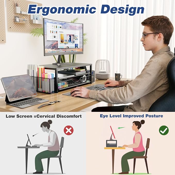 OPNICE Desk Organizer and Accessories, Dual Computer Monitor Stand Riser - Image 2