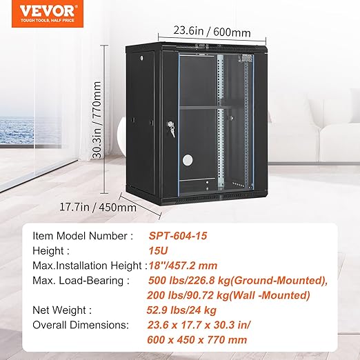 VEVOR 15U Wall Mount Network Server Cabinet, Server Rack Cabinet Enclosure - Image 7