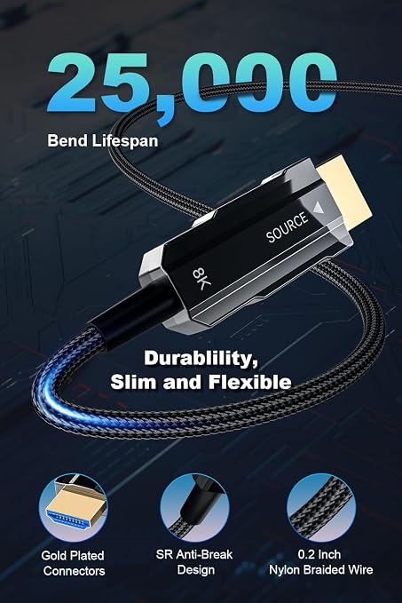 8K HDMI 2.1 Cable 6ft, Fiber Optic HDMI Cable Braided Cord, High Speed Active - Image 8