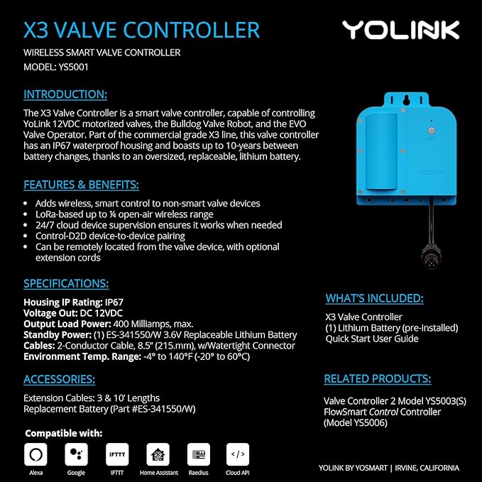YoLink X3 Valve Controller Kit, 1-1/4" Brass Motorized Ball Valve, LoRa Long - Image 2