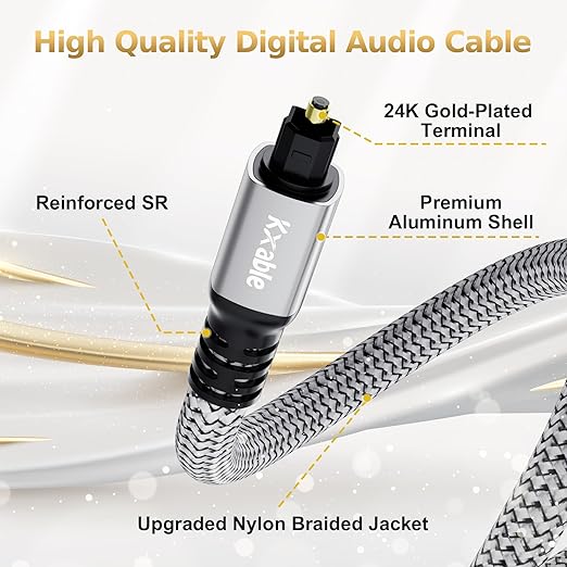 Kxable Optical Audio Cable 15 FT, Digital Audio Cable, Toslink Fiber Optic Cord - Image 2