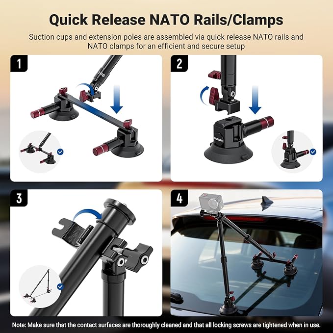 NEEWER Triple Suction Cup Car Mount Kit, Two 24" Aluminum Alloy Extension Poles - Image 6