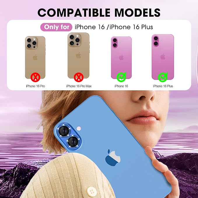 for iPhone 16/16 Plus Camera Lens Protector Bling Individual Metal Glitter Ring - Image 2