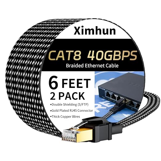 Cat 8 Ethernet Cable 6 FT 2 Pack, High-Speed Braided Internet Cable Network Cord by XimhunEthernetCable