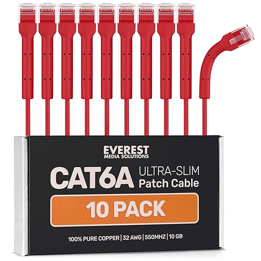 Everest Ultra Slim Cat6a Ethernet Patch Cables 1ft Red by EverestMediaSolutions