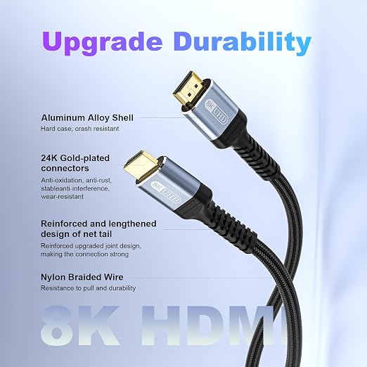 8K HDMI 2.1 Cable 8ft 48Gbps Ultra High Speed Braided Nylon HDMI Cord-8K@60Hz - Image 8