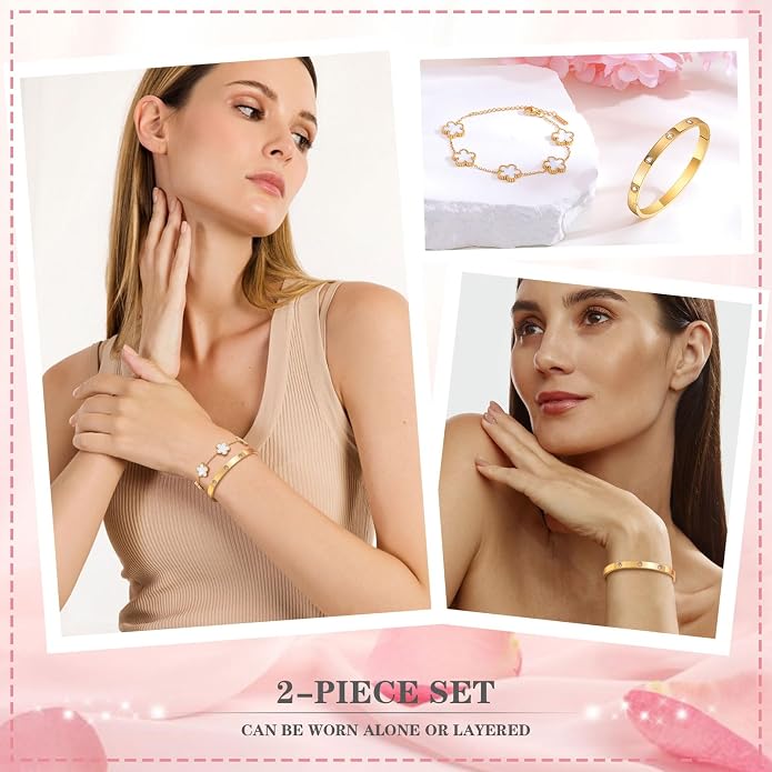 MPRAINBOW Womens Stackable Gold Bracelets Jewelry, 18K Gold Plated Floral - Image 3