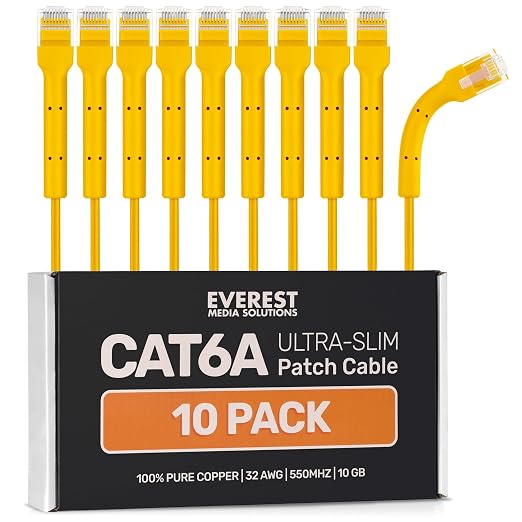 Everest Ultra Slim Cat6a Ethernet Patch Cables 15ft Yellow by EverestMediaSolutions