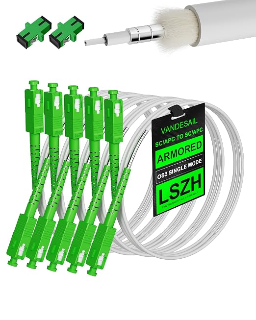SC/APC to SC/APC Fiber Optic Internet Cable Armored White 3M 5Pack, Single Mode by VANDESAIL
