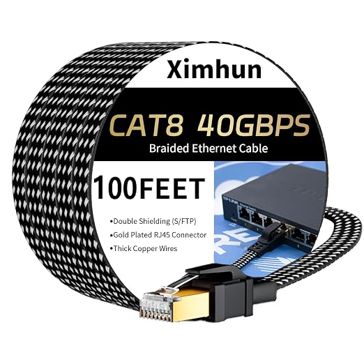 Cat 8 Ethernet Cable 100FT, High-Speed Braided Internet Cable Network Cord by XimhunEthernetCable