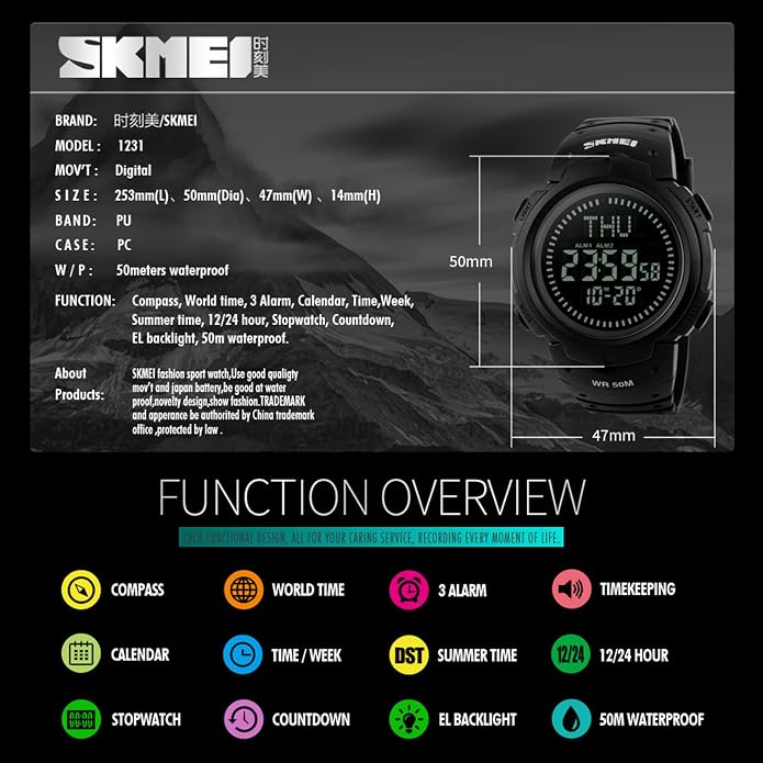 Gosasa Men’s Watch Sports Digital Compass Survival 50M Waterproof Stopwatch - Image 6