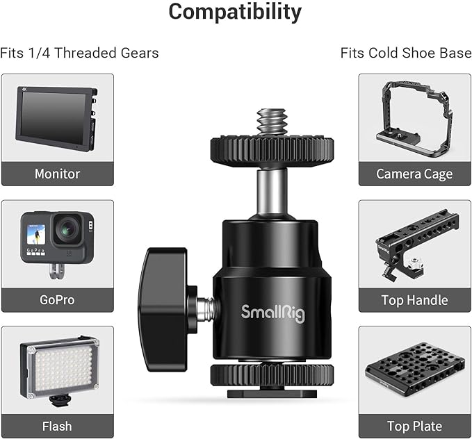 SmallRig 1/4" Camera Hot Shoe Mount, Ballhead Tripod - Image 5