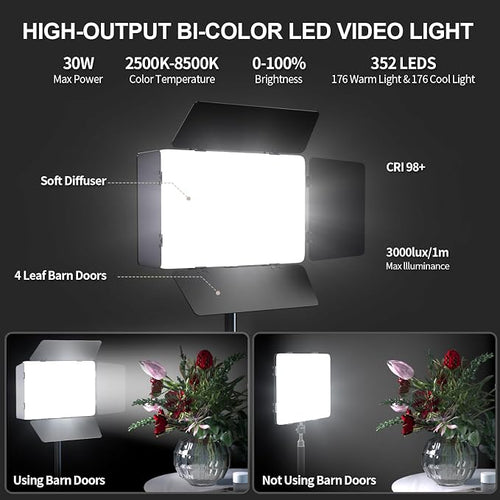 2 Pack LED Video Light with Barndoor, 30W Photography Lighting with Tripod Stand - Image 2