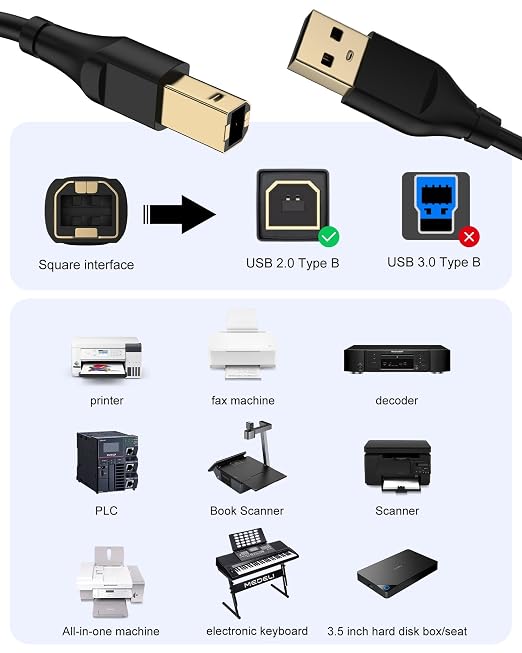 HP Printer Cable 3ft, Square USB A to USB B Cable - Image 3