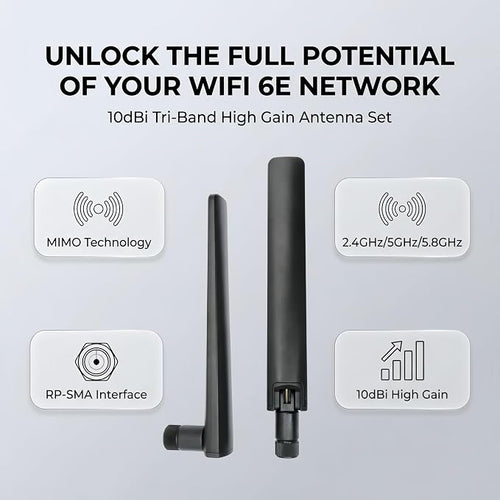 2X WiFi 6E Tri-Band Antenna 10dBi 2.4GHz/5GHz/5.8GHz High Gain MIMO RP-SMA Male - Image 2