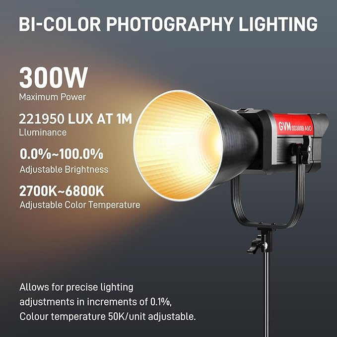 GVM 300W LED Video Light, 221950lux/1m, AIO SD300B Photography Lighting Kit - Image 2