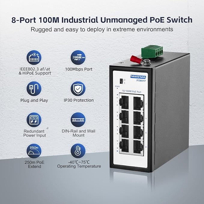 8 Port Mini PoE+ Industrial Switch, 10/100Mbps Fast Ethernet, Din Rail & Wall - Image 2