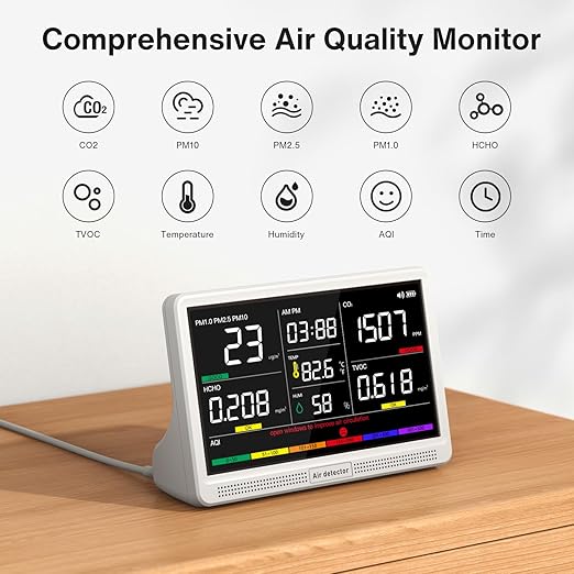 16 in 1 Air Quality Monitor Indoor 7" Display 9 AQI+7 AQI Alerts Air Quality - Image 2