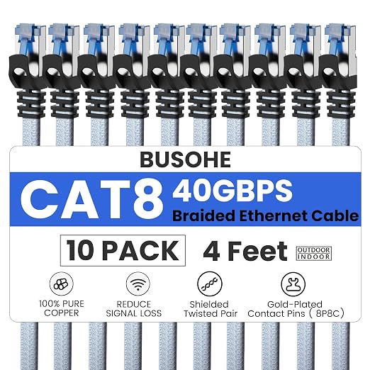 BUSOHE Cat 8 Ethernet Cable 4 FT 10 Pack, Nylon Braided High Speed Heavy Duty by BUSOHE