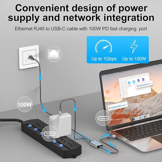 USB C to Ethernet Cable with Charging 15 Feet, USB-C Male 100W PD & Gigabit LAN - Image 3
