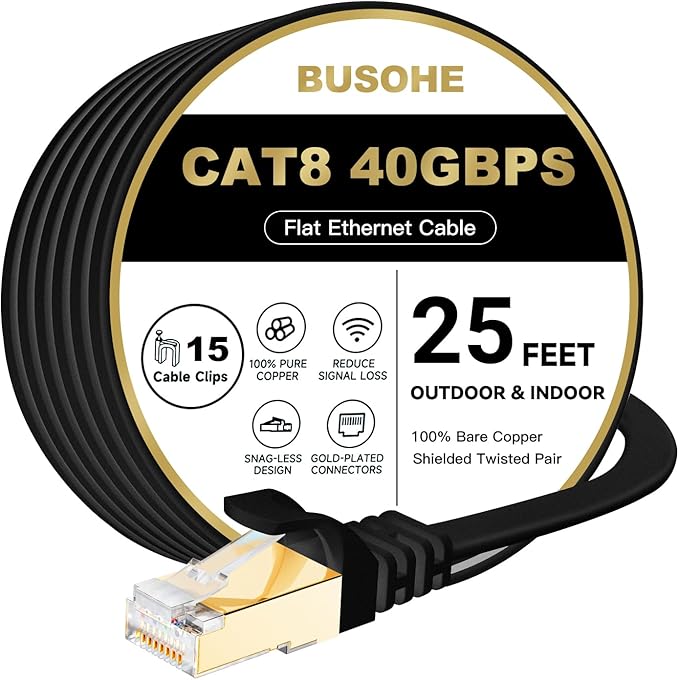 BUSOHE Cat 8 Ethernet Cable 25 FT, 40Gbps 2000MHz Cat8 High Speed Flat Internet by BUSOHE
