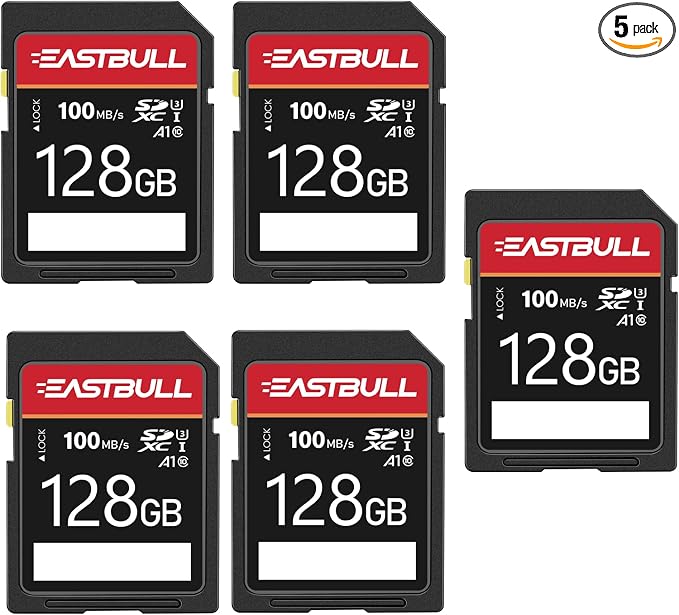EASTBULL 5-Pack SD Card 128GB U3 V30 High-Speed 100MB/s Read Class 10 SD Card by EASTBULL