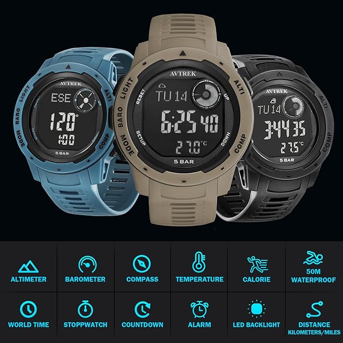 AVTREK Tactical Watch with Compass, 50M Waterproof Digital Pedometer, Altimeter - Image 5