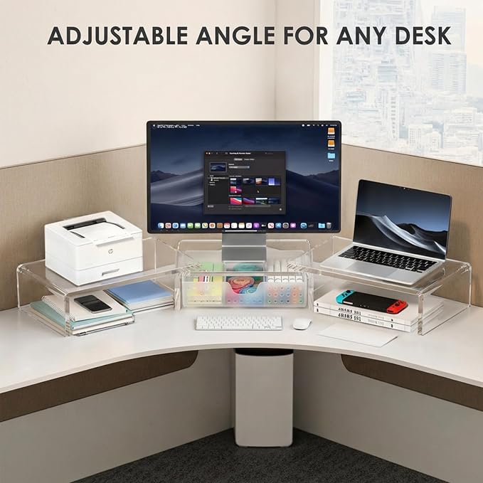 OPNICE Clear Acrylic Desk Organizers and Accessories, Dual Monitor Stand Riser - Image 5