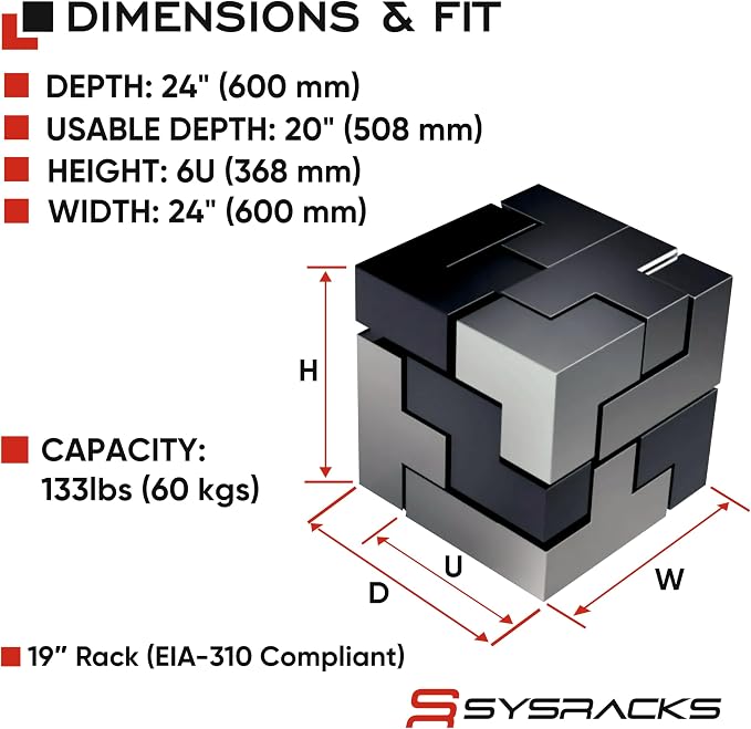 6U Wall Mount Server Rack Cabinet 24” Deep, 19” Network & AV Enclosure - Image 3