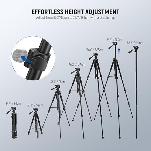 NEEWER Basic 74" Video Tripod Monopod, 3 Way Pan Tilt Head, Overhead Camera - Image 4