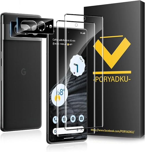 2 Pack for Google Pixel 7 Pro Screen Protector + 2 Pack Camera Lens Protector by PORYADKU