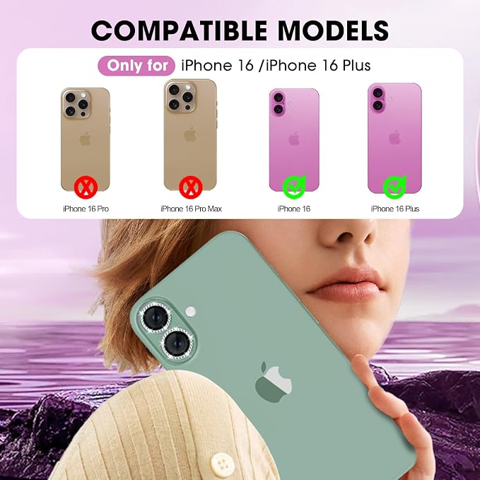 for iPhone 16/16 Plus Camera Lens Protector Bling Individual Metal Diamond Ring - Image 2