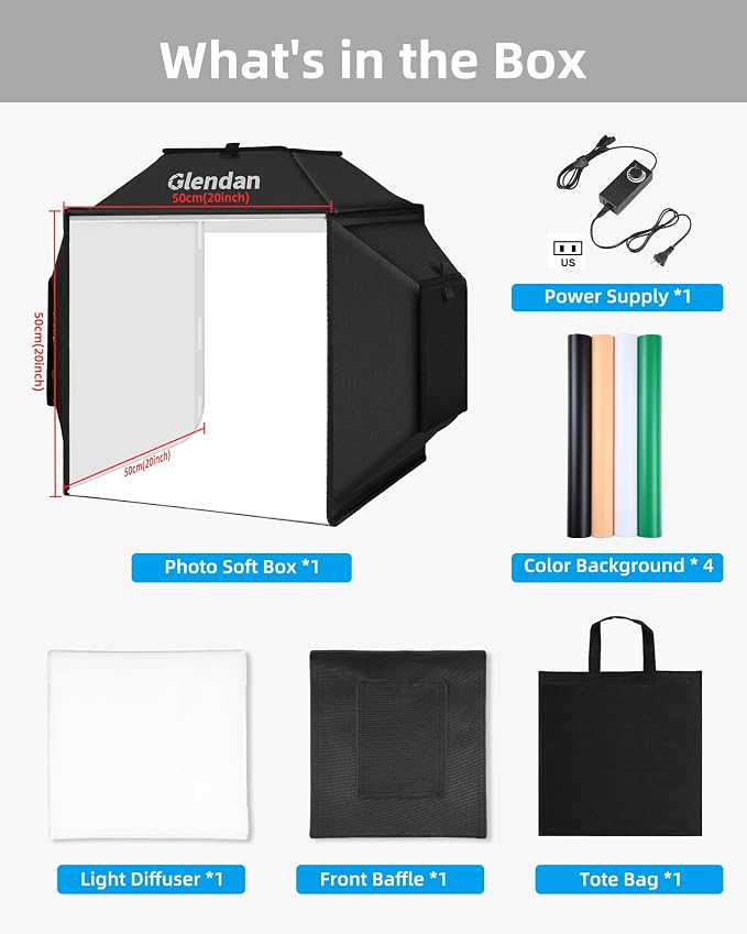 Glendan Portable Light Box Photography: 20"x 20" Upgrade Dimmable Photo Booth - Image 7