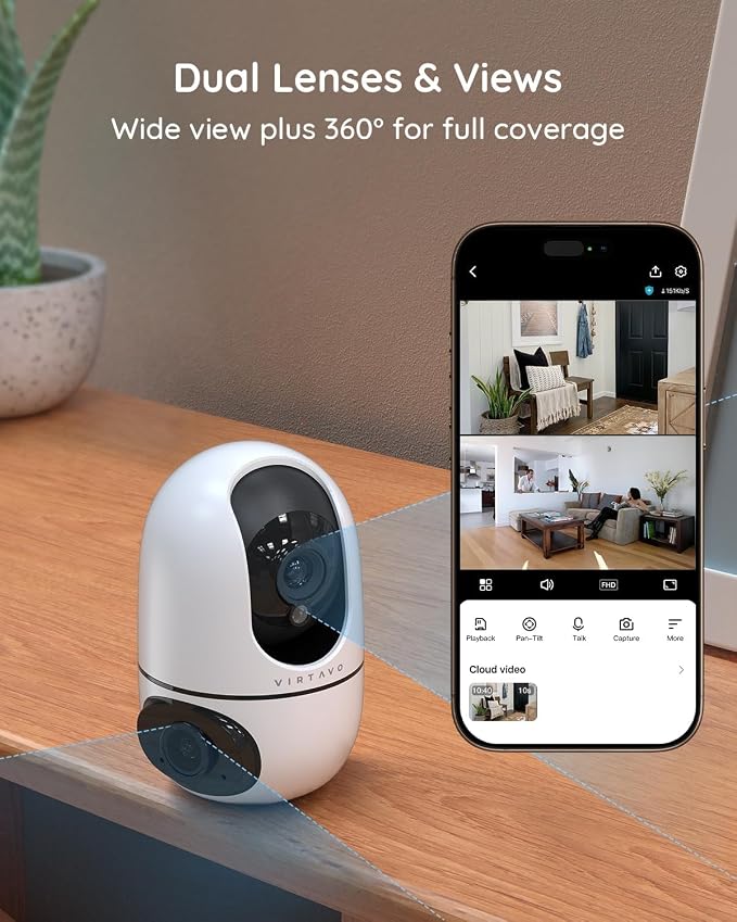 VIRTAVO Indoor Pet & Baby Camera, No Subscription Required, Dual-Lens 360° PTZ - Image 2