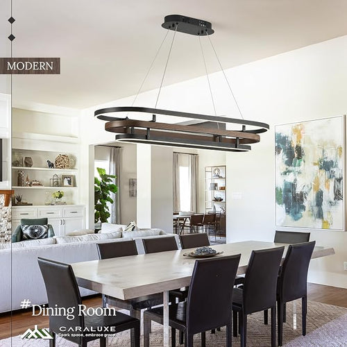 3 Ring LED Chandelier Black Rectangular Chandeliers 39in Wood Printed Oval - Image 2