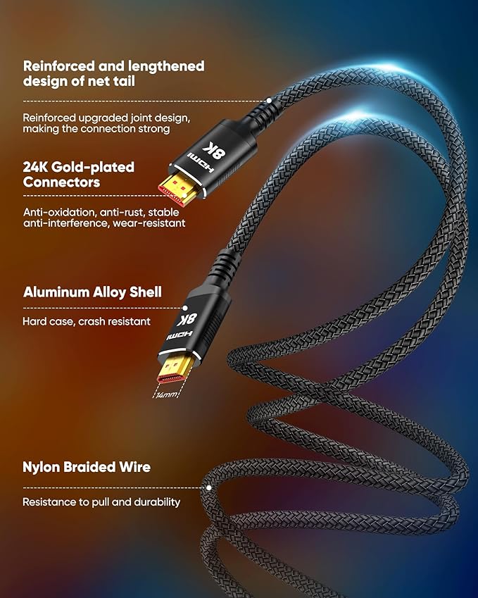 Snowkids 8K HDMI 2.1 Cable 1.5 ft, Non-Slip Nylon Braided, 48Gbps Ultra - Image 3