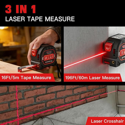 3-in-1 Laser Tape Measure - 196ft Max Laser Distance Meter & 16ft AutoLock - Image 2