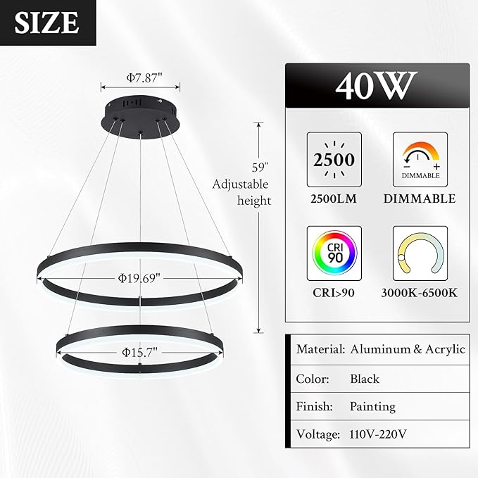 Modern LED Chandelier Black 2-Rings Pendant Light Circular Flush Mount Ceiling - Image 5