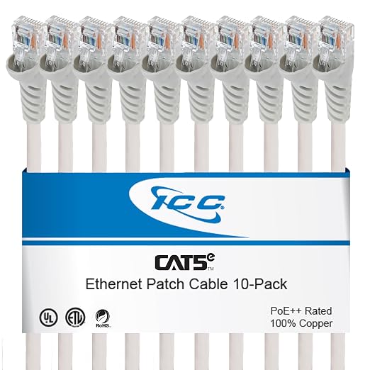 ICC CAT5e Ethernet Patch Cord 1 FT 10-Pack, UTP 24 AWG UL Listed, 100% Stranded by ICC
