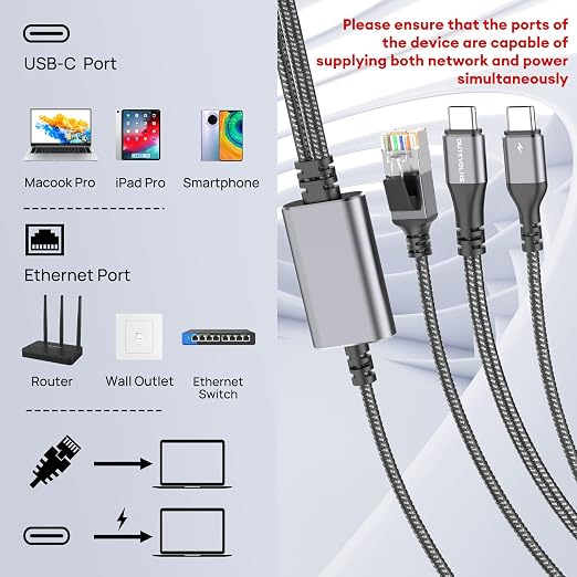 USB C to Ethernet Cable with Charging 10 Feet, USB-C Male 100W PD & Gigabit LAN - Image 2