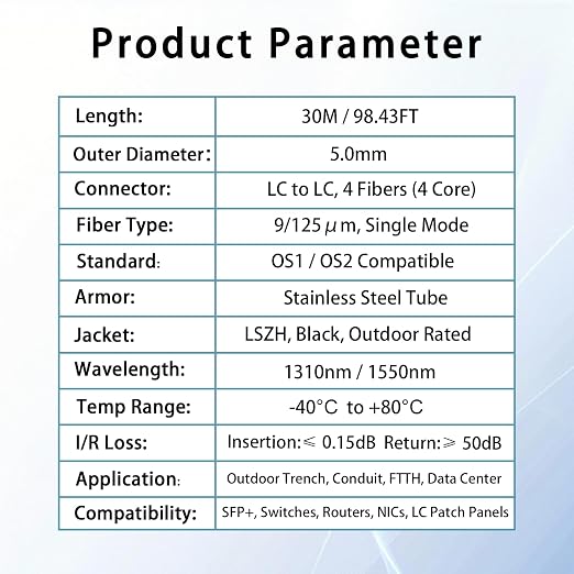 30M/98FT Outdoor Armored LC to LC Fiber Optic Cable, 4 Core OS2 Single Mode - Image 6