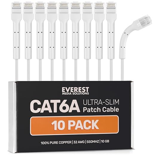 Everest Ultra Slim Cat6a Ethernet Patch Cables 1ft White by EverestMediaSolutions